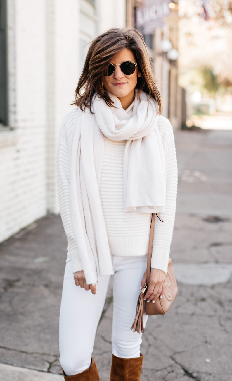 winter white outfit, brighton keller wearing white jeans and cream sweater monochromatic outfit