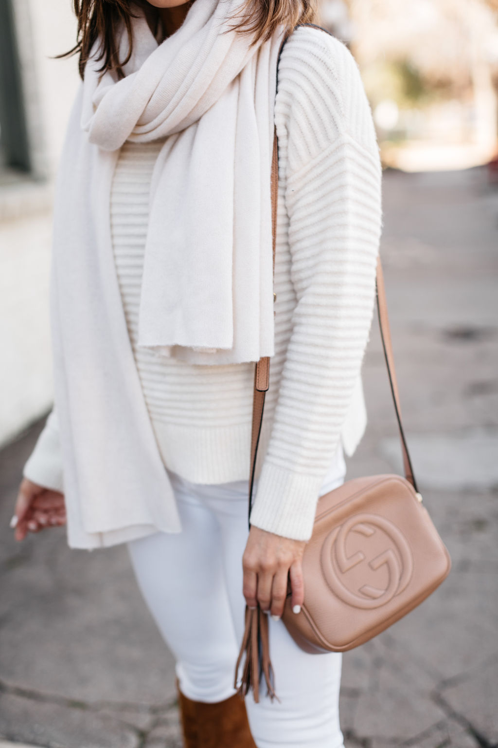 white + warren cream cashmere scarf with gucci crossbody bag in tan