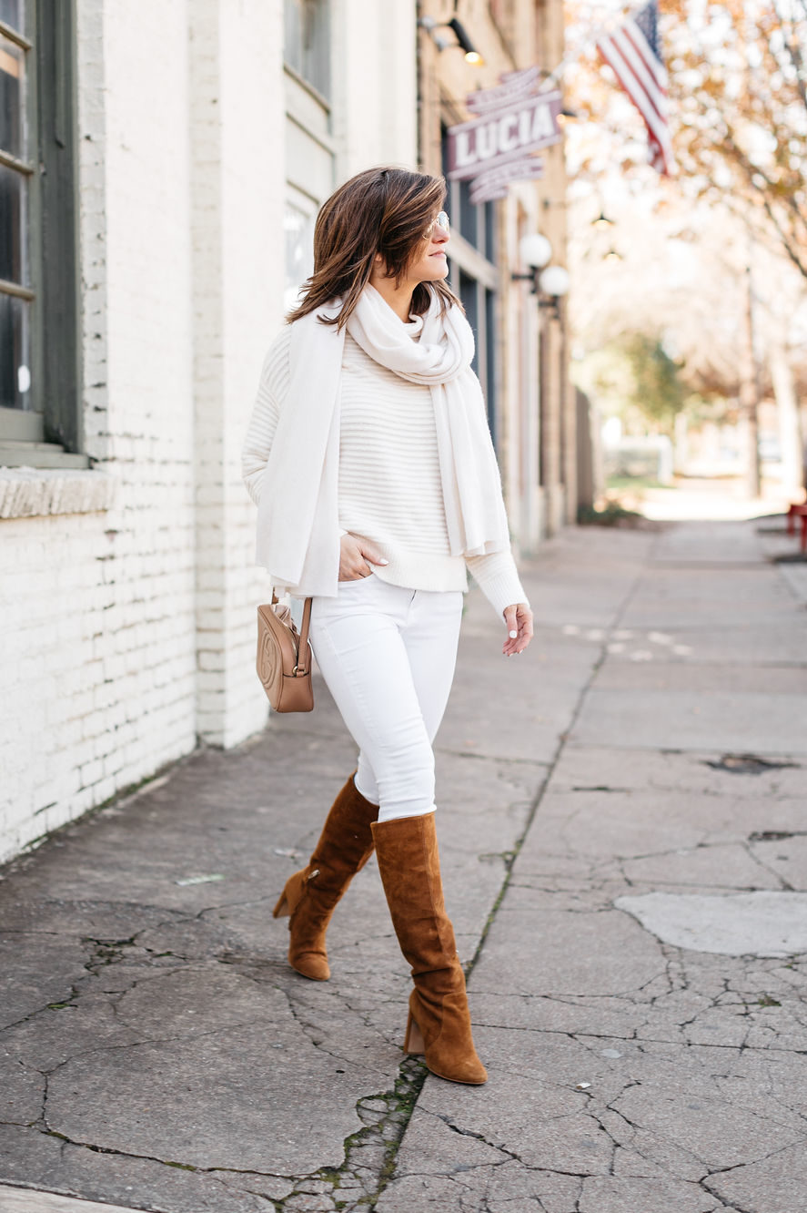 winter white outfit, brighton keller wearing white jeans and cream sweater monochromatic outfit