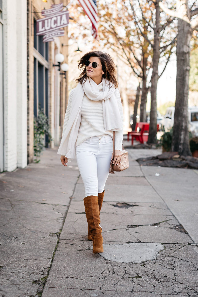 winter white outfit, brighton keller wearing white jeans and cream sweater monochromatic outfit